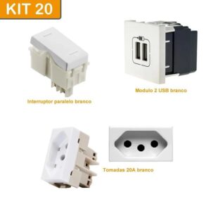 Kit 2 Tomadas 2P+T 20A + 1 Bloco C/ Placa 2 USB + 1 Interruptor Paralelo Branco Qtmov