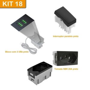 Kit 2 Tomadas 2P+T 20A + 1 Bloco C/ Placa 2 USB + 1 Interruptor Paralelo Preto Qtmov